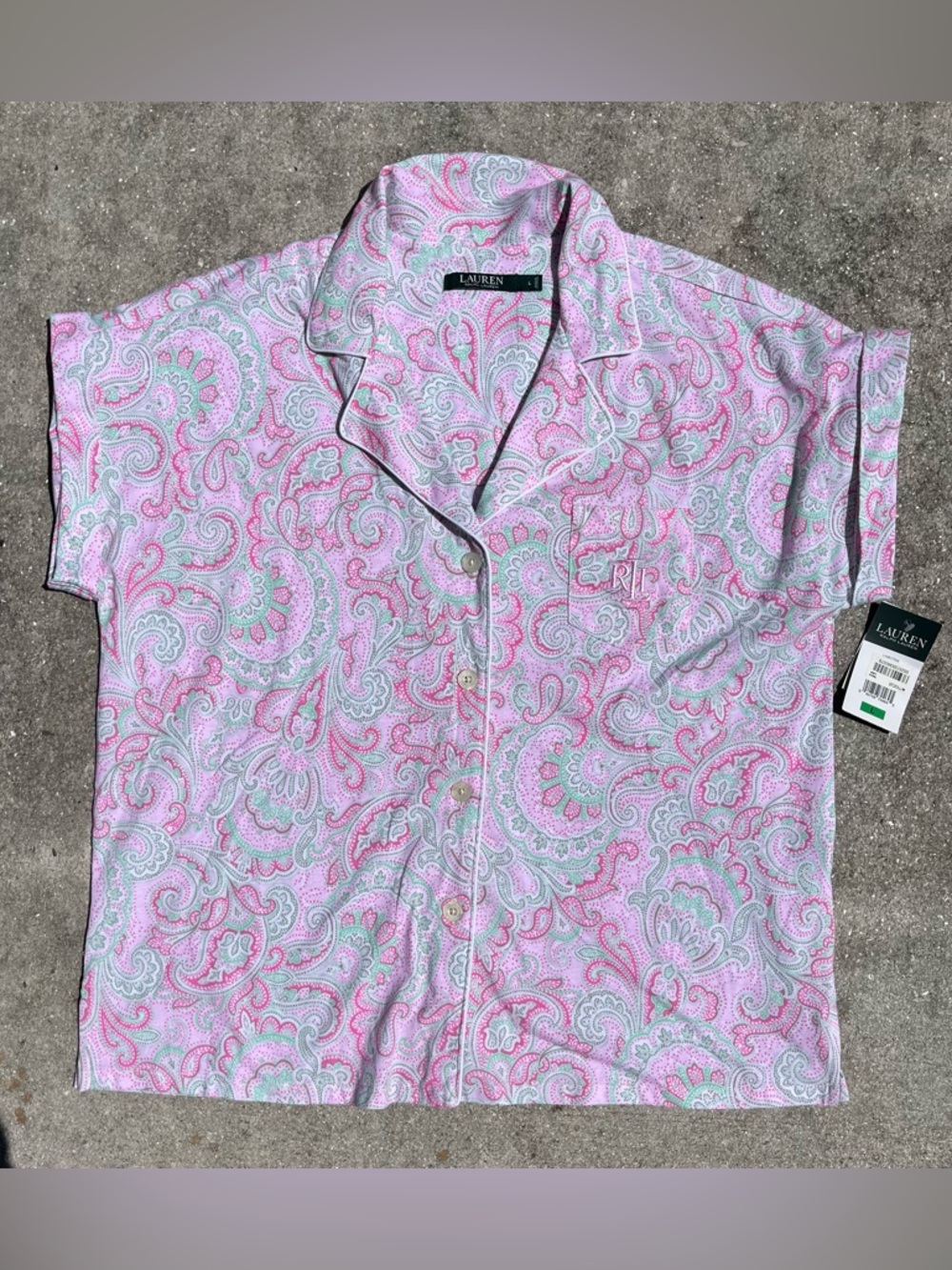 LAUREN RALPH LAUREN SHORT SLEEVE BUTTON DOWN PAISLEY COTTON PAJAMA TOP SHIRT